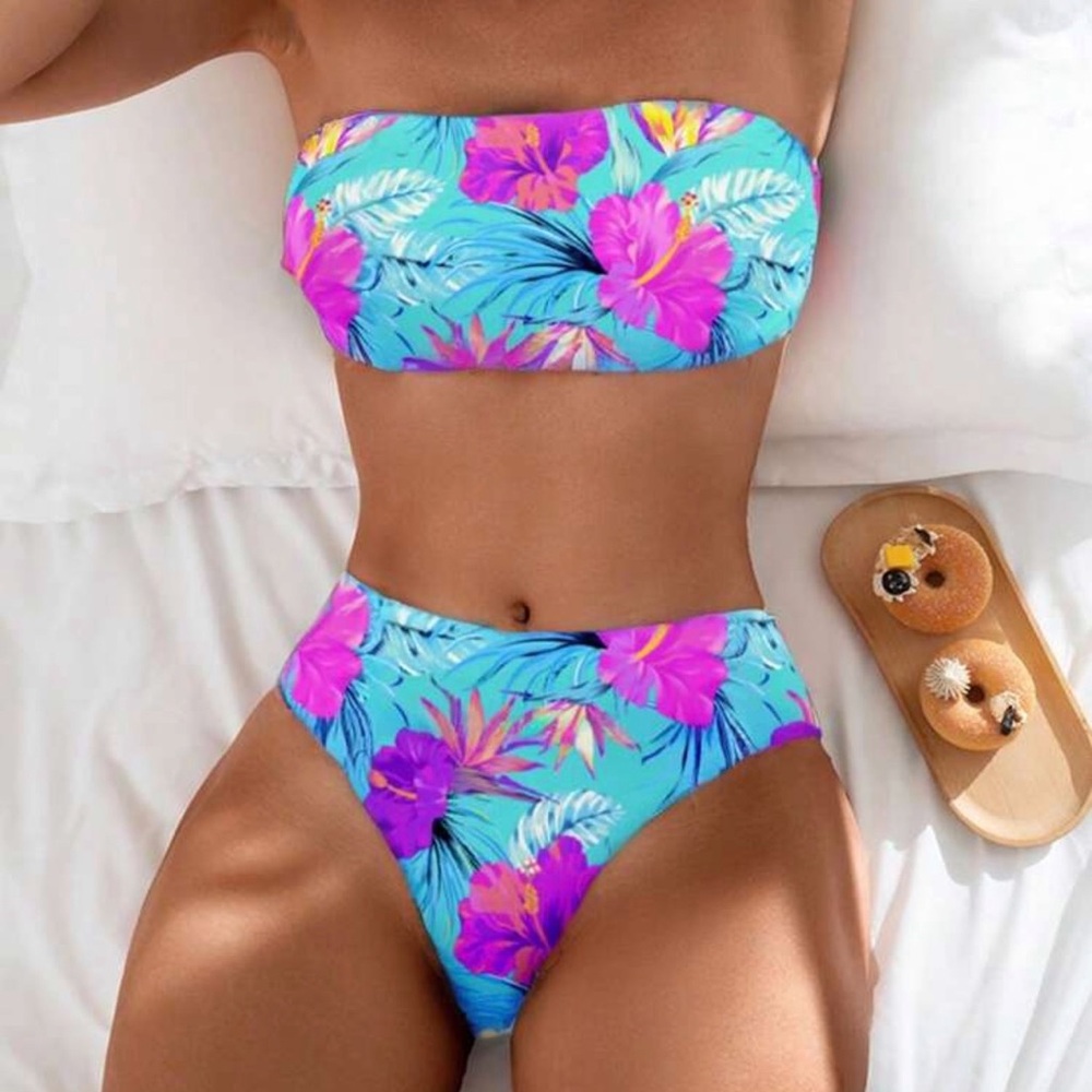 SHEIN Tropical Floral Bikini - Blue and Purple